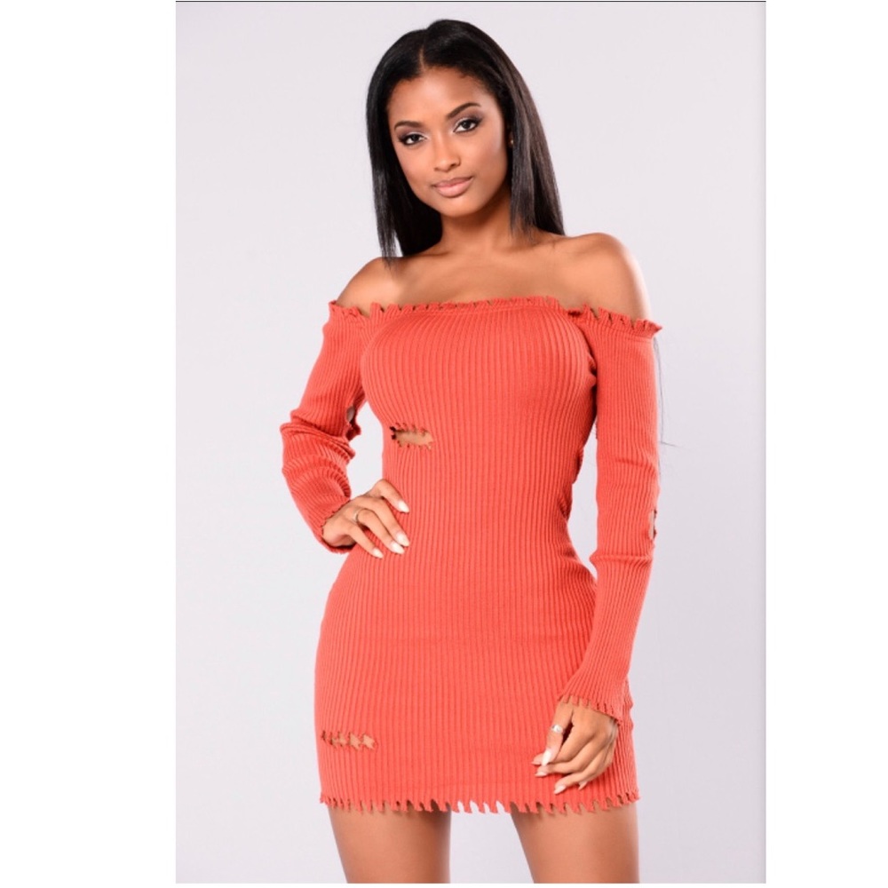 Fashion Nova Harlow Frayed Off Shoulder Dress Rust